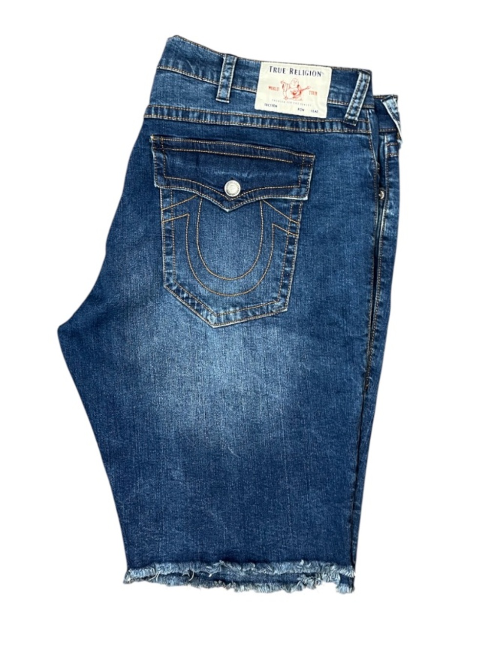 True Religion Ricky Relaxed Straight Fit Frayed Hem Denim Shorts, Size 44